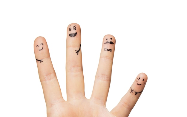 Foto gebaar, familie, mensen en lichaamsdelen concept - close-up van twee handen met vingers met smileygezichten