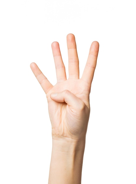 gebaar, telling en lichaamsdelen concept - close-up van de hand met vier vingers