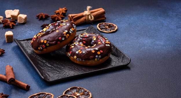 Gebak concept Donuts met chocoladeglazuur met hagelslag op een donkere betonnen tafel