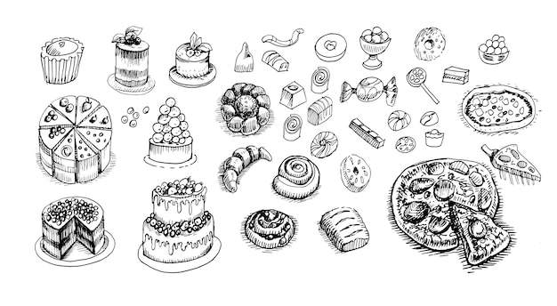 Gebak gebak taarten cupcakes afbeeldingen gravure schets handgetekende foto zoet eten mannen