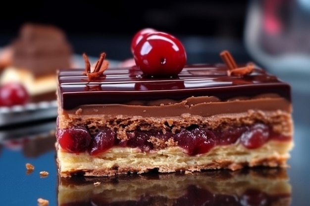 gebakje stukje kersen chocolade snoep in de voorkant van een winkel