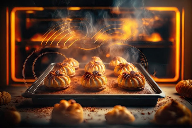 Foto gebakjes gebakken in de oven op bakplaat op onscherpe achtergrond