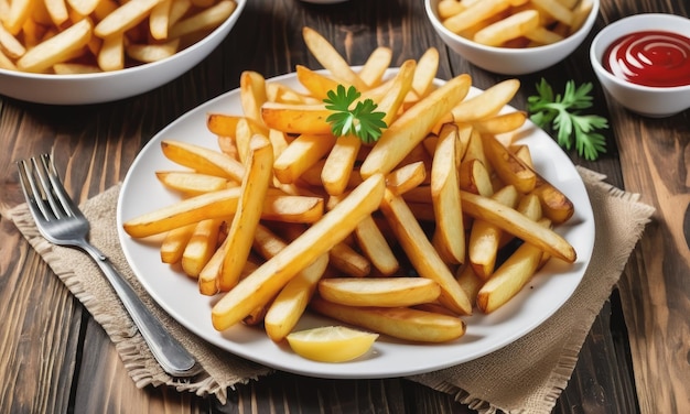 Gebakken aardappelen frietjes op een houten tafel