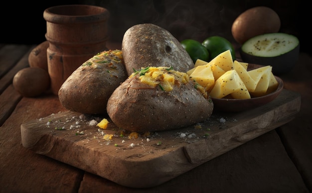 Gebakken aardappelen geserveerd op houten plank ai gegenereerd