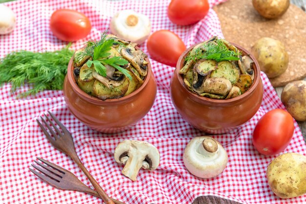 Gebakken aardappelen met kip en champignons in een aarden pot thuis.