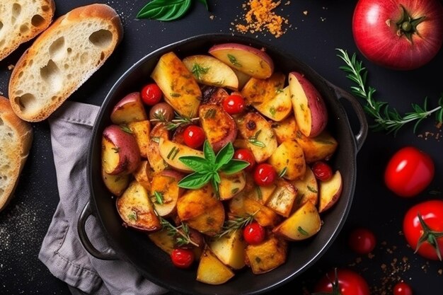 Gebakken aardappelen met tomaten en kruiden in een pan op een zwarte achtergrond