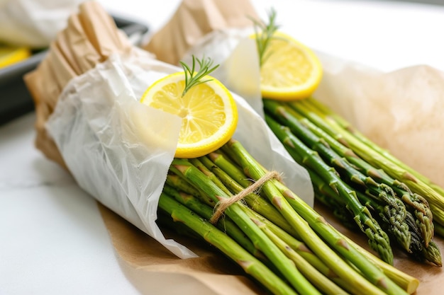 Gebakken aspergetips die uit een witte papieren zak steken