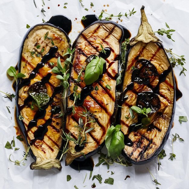 Gebakken aubergine met balsamische glazuur en verse kruiden