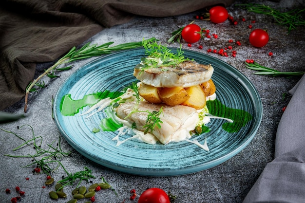 Gebakken baars met aardappelen en roomsaus