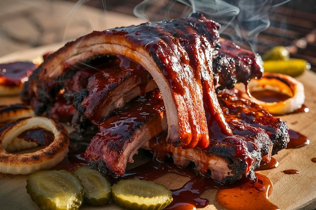 Gebakken BBQ-ribben met barbecue-saus op een bord