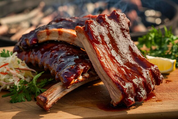 Gebakken BBQ-ribben met barbecue-saus op een bord