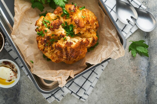 Gebakken bloemkool Oven of hele gebakken bloemkool kruiden en specerijen server op houten rustieke bord op oude grijze achtergrond tafel Heerlijke bloemkool Eyal Shani schotel Perfect smakelijke snack