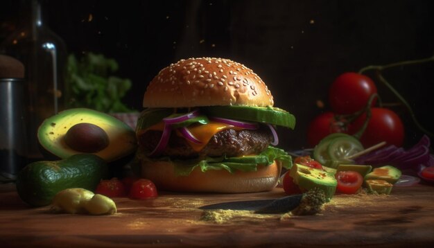 Gebakken cheeseburger op ciabatta met verse tomaten- en uiensalade gegenereerd door kunstmatige intelligentie