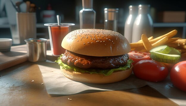 Gebakken cheeseburger op een houten tafel met verse friet en drank gegenereerd door kunstmatige intelligentie