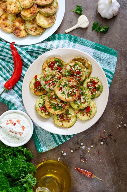 Gebakken cirkels van jonge courgette met knoflook, rode paprika, Groenen op een bord. Vegetarisch menu. Bovenaanzicht.