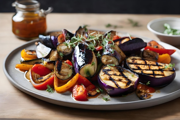 Gebakken courgette met een pot honing.