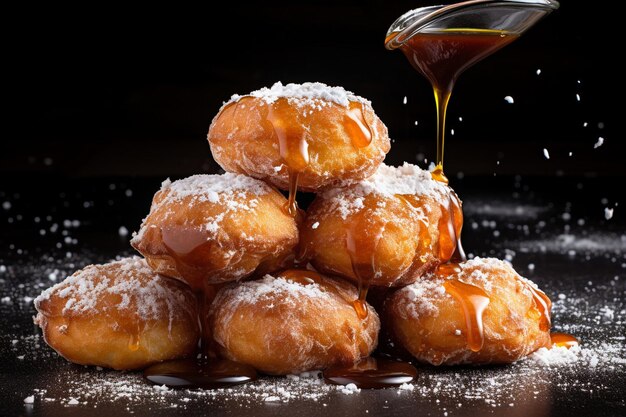 Foto gebakken donuts met suiker en room op een zwarte tafel.