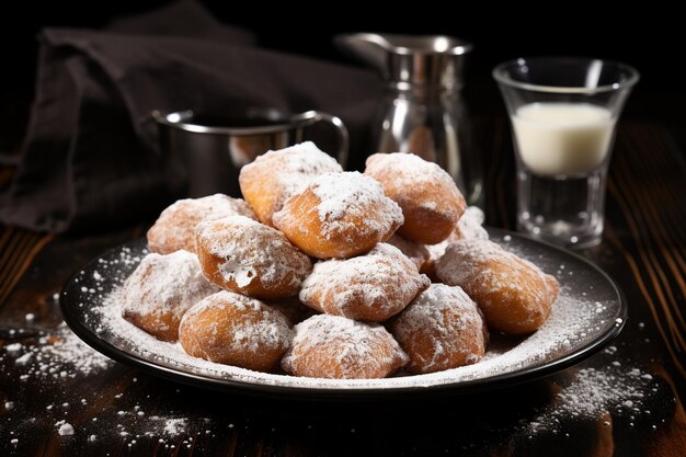 Foto gebakken donuts met suiker en room op een zwarte tafel.