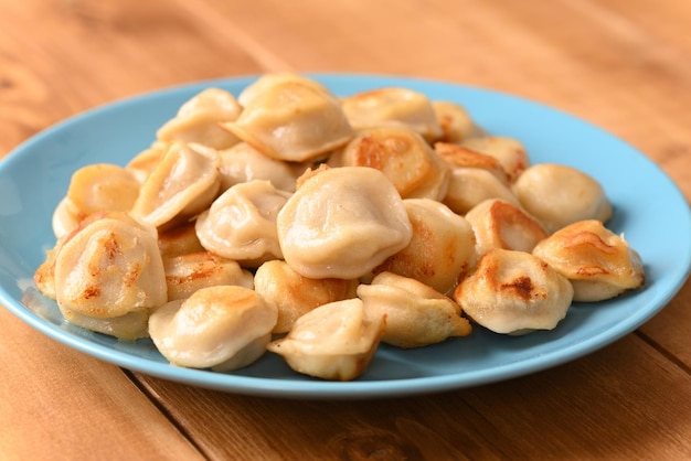 Gebakken dumplings op een blauw bord.