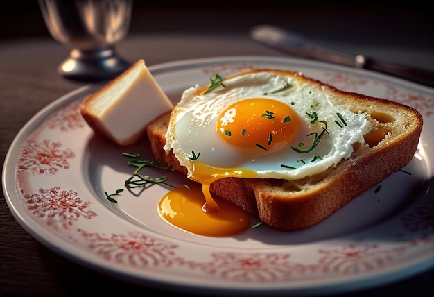 Gebakken ei op toast met boter en dille op een houten tafel