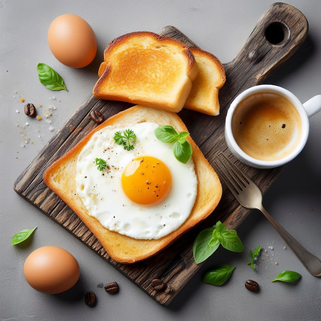 Gebakken eierbroodplak heeft espressokoffie in snijplank geïsoleerd op grijze achtergrond close-up bovenaanzicht