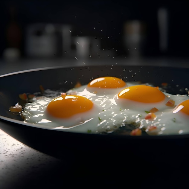 Gebakken eieren in een pan op een donkere achtergrond close-up