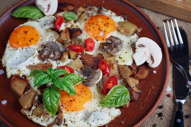 Gebakken eieren met champignons, tomaten en basilicum op rustieke houten tafel.