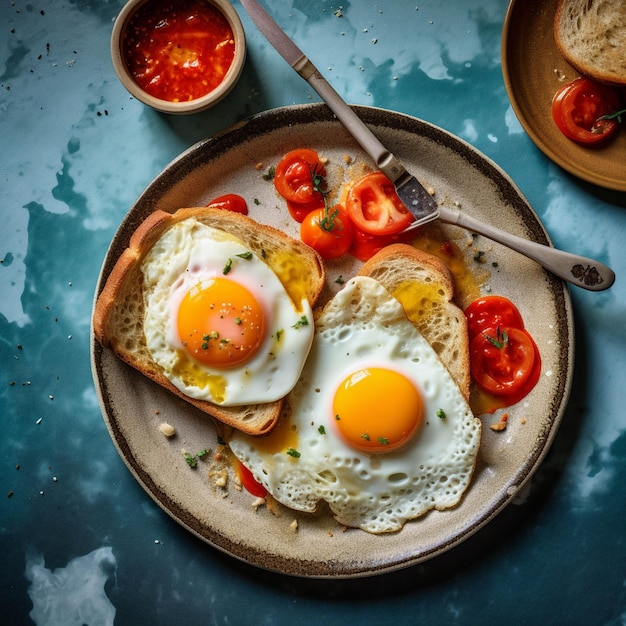 Gebakken eieren met tomaten en basilicum op een bord Ontbijt