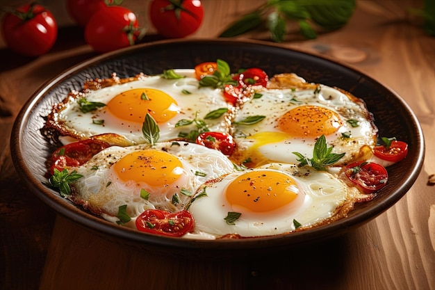 Gebakken eieren met toppings geserveerd op een zilveren bord rustend op de houten ochtendvloer