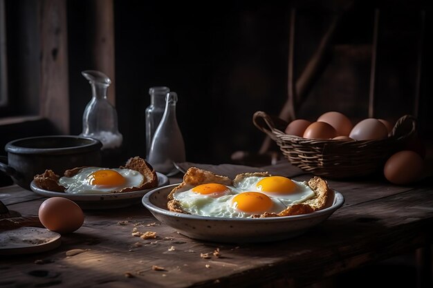 Gebakken eieren op een rond bord in een rustieke keuken Ai Generative