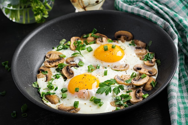 Gebakken eieren, paddenstoelen en spinazie Keto paleo ontbijt