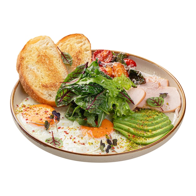 Gebakken eierenontbijt met salade en avocado