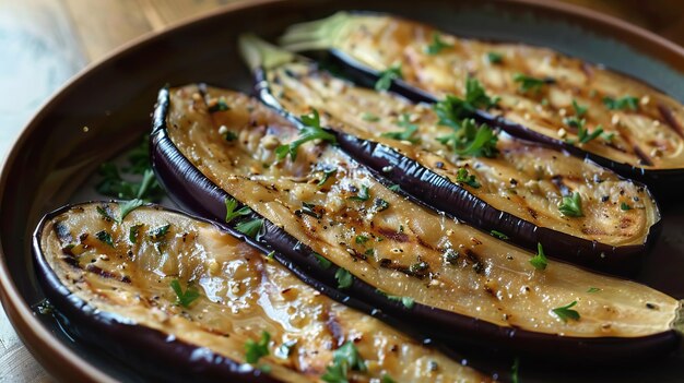 Foto gebakken eierstokjes met verse basilicum op een keramische plaat