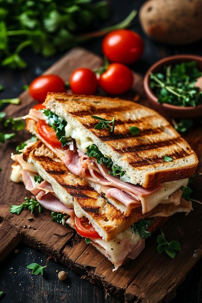 Gebakken en geperste toast met gerookte ham, kaas, tomaten en sla geserveerd op een houten snijplank