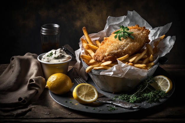 Gebakken gebakken traditionele fish and chips schotel met saus