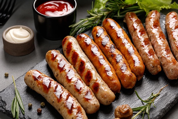 Gebakken gegrilde worstjes met sauzen en rozemarijnkruiden op een stenen bord Snackdiner aan