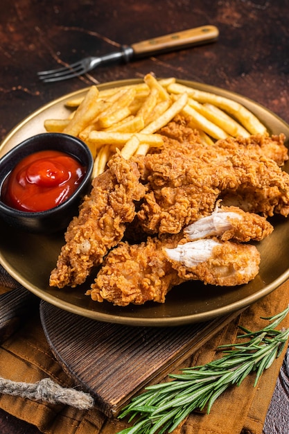 Gebakken Gepaneerde Kippenreepjes Met Frietjes En Tomatenketchup Op Een Bord Donkere Backgrund Bovenaanzicht