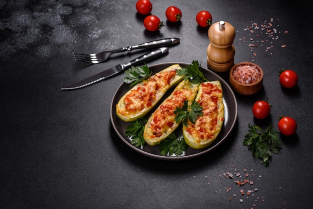 Gebakken gevulde courgettebootjes met gehakte kippenchampignons en groenten met kaas