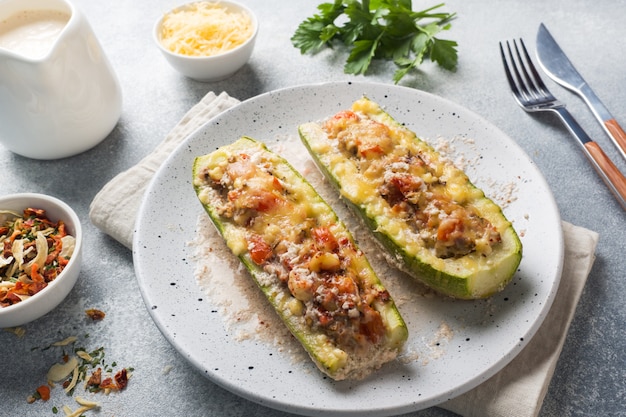 Gebakken gevulde courgetteboten met fijngehakte kippenpaddestoelen en groenten met kaas op een plaat.