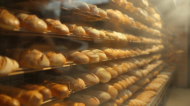 Foto gebakken goederen op planken in een bakkerij met warme verlichting