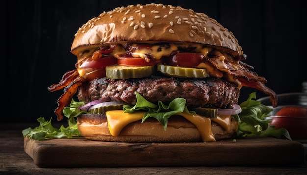 Gebakken gourmet cheeseburger op rustiek ciabatta brood gegenereerd door AI