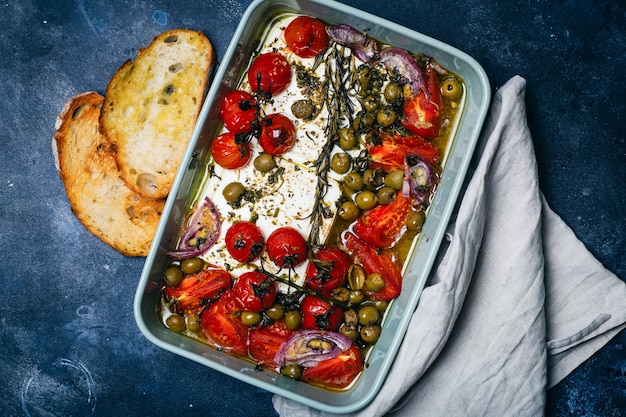 Gebakken groenten met fetakaas, olijven en tomaten