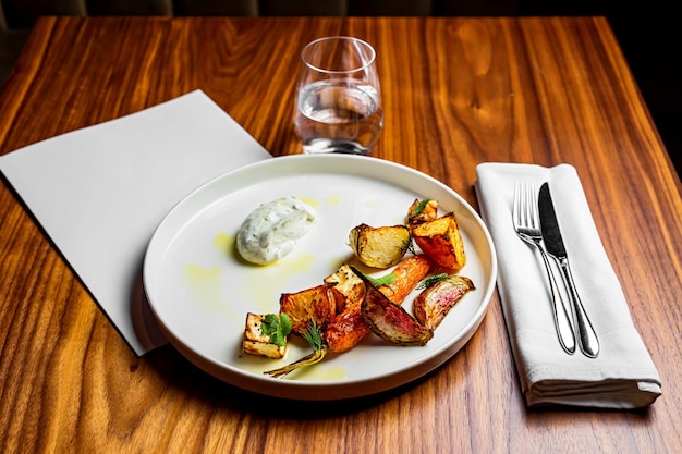 Gebakken groenten met tofu en saus geserveerd op een witte plaat op een houten tafel in het restaurant. Een menu, vork en mes, servet, glas water.