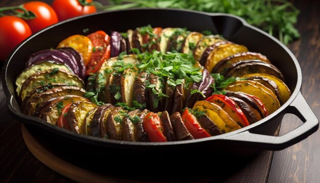 Foto gebakken groenten op een rustieke picknicktafel gegenereerd door ai