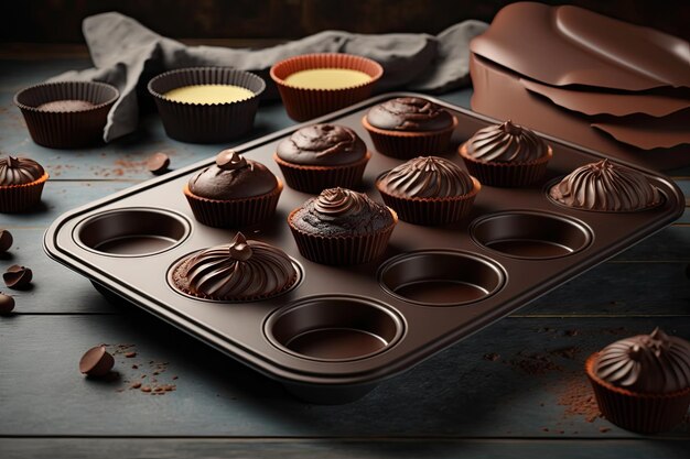 Gebakken heerlijke zelfgemaakte cupcakes in chocolade op bakplaat
