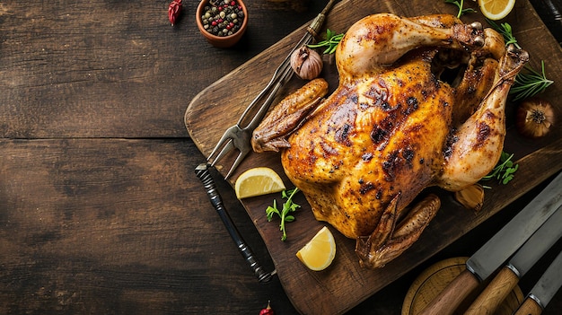 Foto gebakken hele kip op een houten snijplank