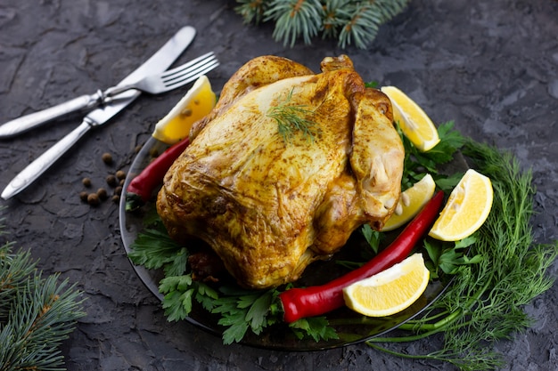 Gebakken hele kip op een schotel. Vakantielunch, gegrilde gebakken kip