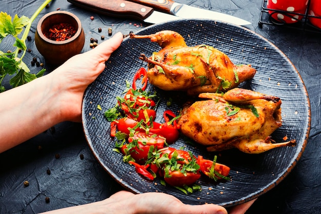 Gebakken hele kwartel en groentesalade. Smakelijk gebakken kwartelvlees op bord in handen