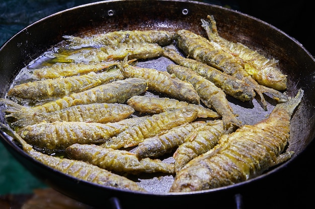 Gebakken hete vis op pan die net is voorbereid om tijdens de wandeling op de natuur te eten.