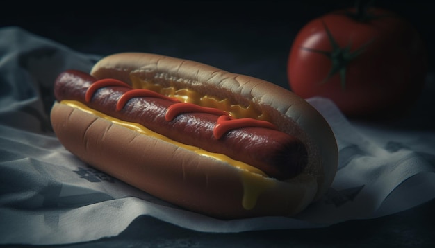 Gebakken hotdog op broodje met ketchup, ui en smaak gegenereerd door kunstmatige intelligentie.